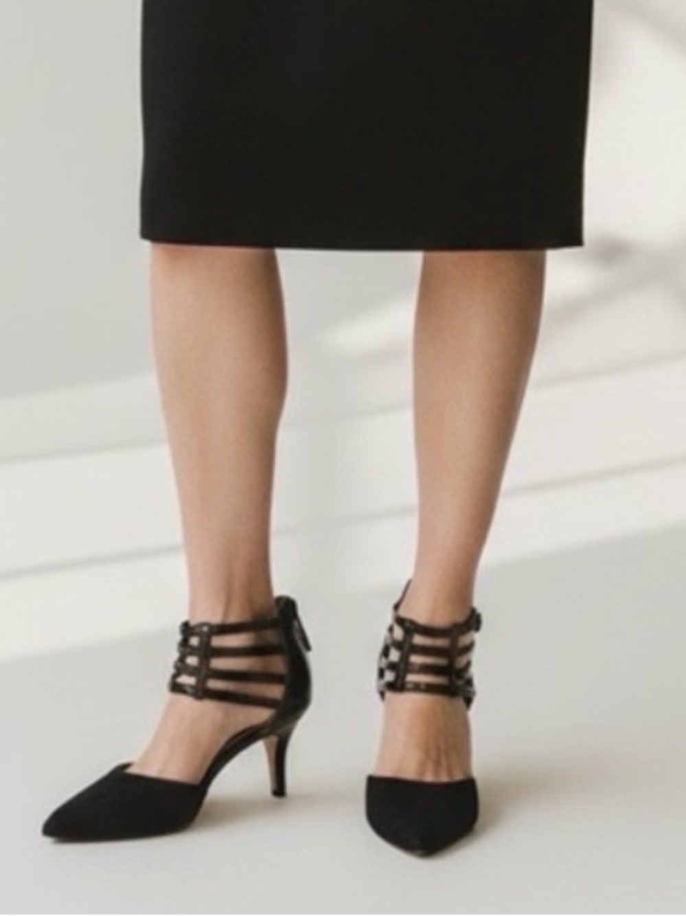 Franco Sarto Fallon Black Strappy Pointed-Toe Kitten Heels